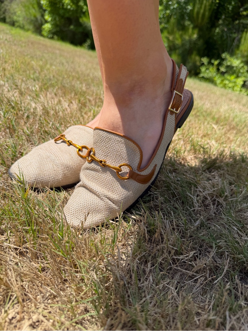 Beige Textured Slingback Loafers with Gold Chain Accent